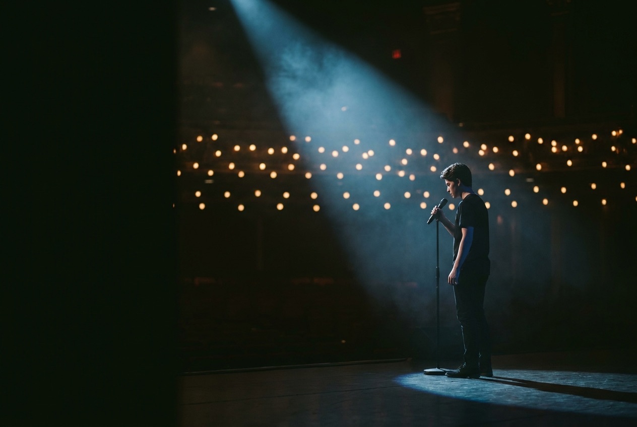 A young performer alone on stage under a blue spotlight, holding a microphone mid-performance