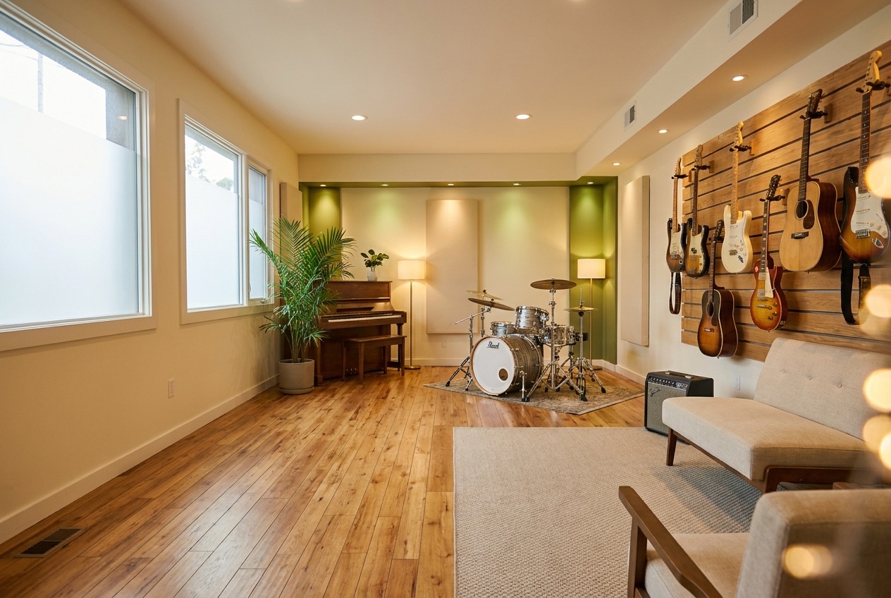 A music school studio room filled with pianos, guitars and drums, lit in warm stage light