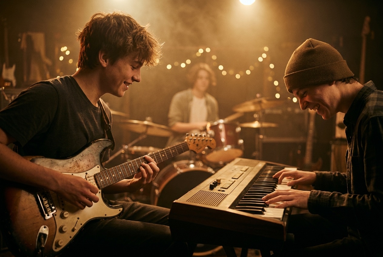 Teenage musicians jamming together in a rehearsal room, lit in warm amber light